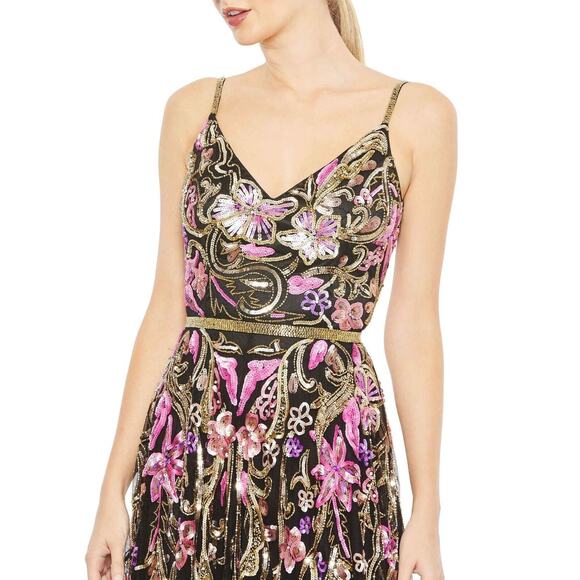 NWT MAC Duggal V NECK FLORAL EMBELLISHED SPAGHETTI STRAP GOWN SZ 12 BLACK MULTI‎ - Picture 2 of 4